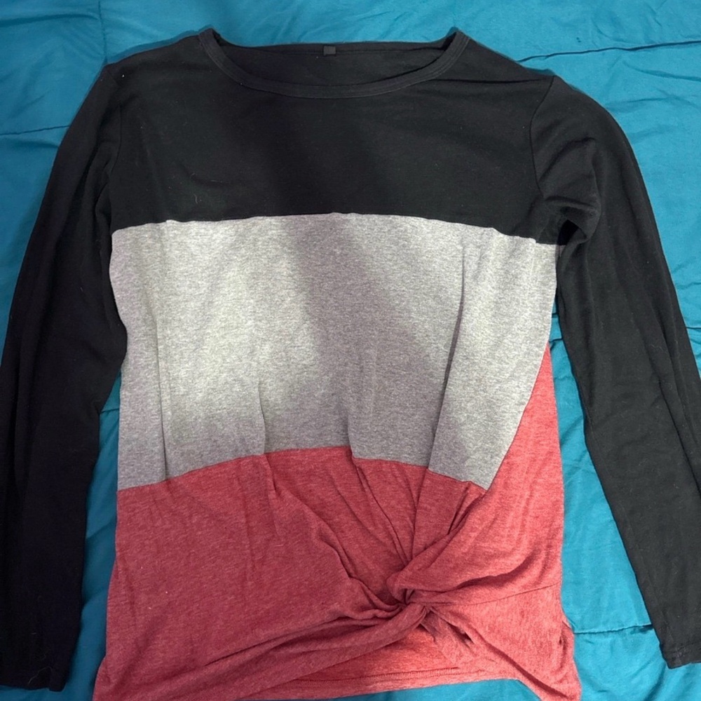 Black Gray and Burgundy Colorblock Long Sleeve Twist-Front Top